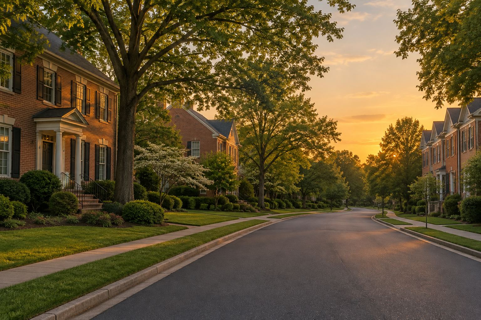 A Northern Virginia residential street at sunset, illustrative
