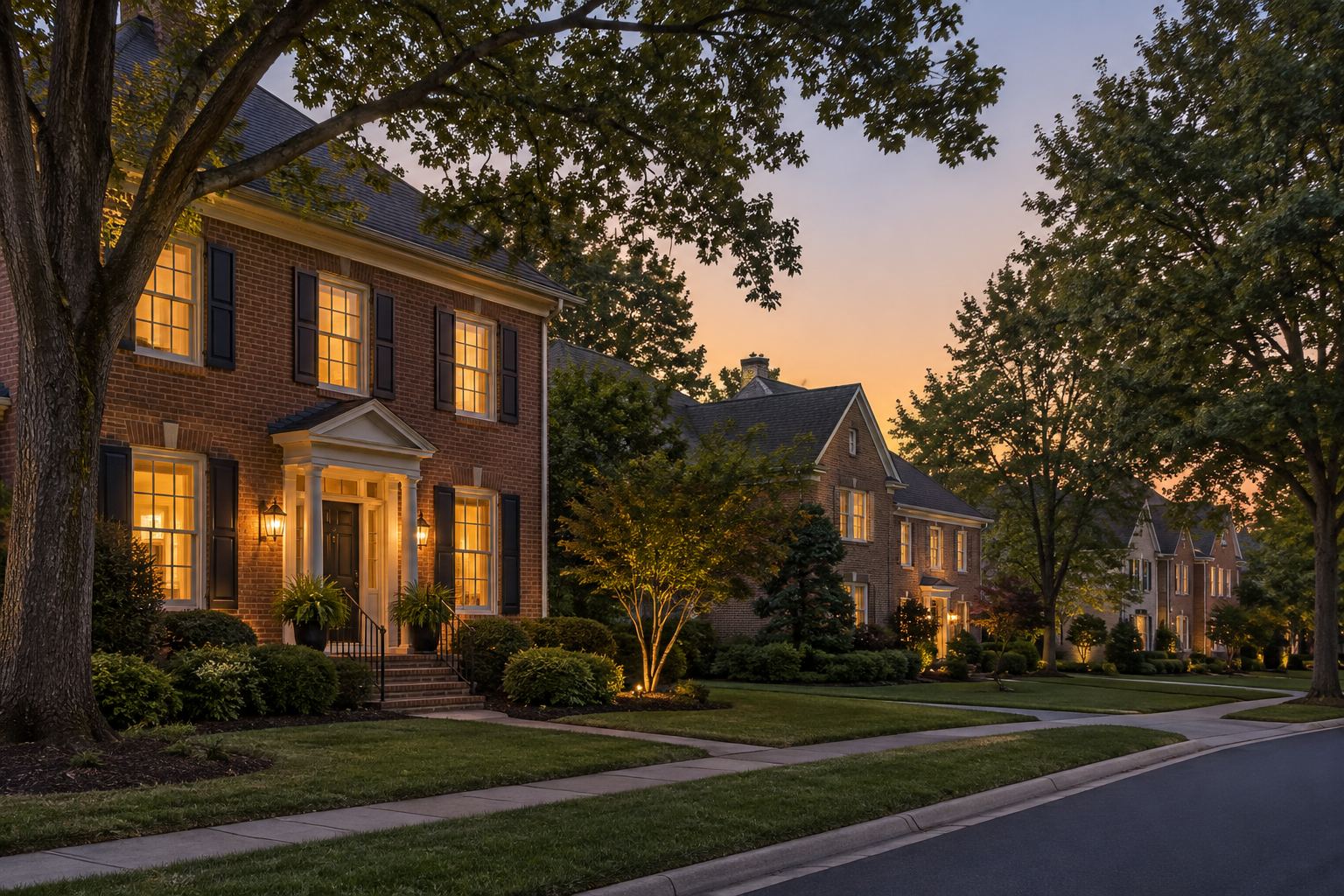 A Northern Virginia home at dusk, illustrative