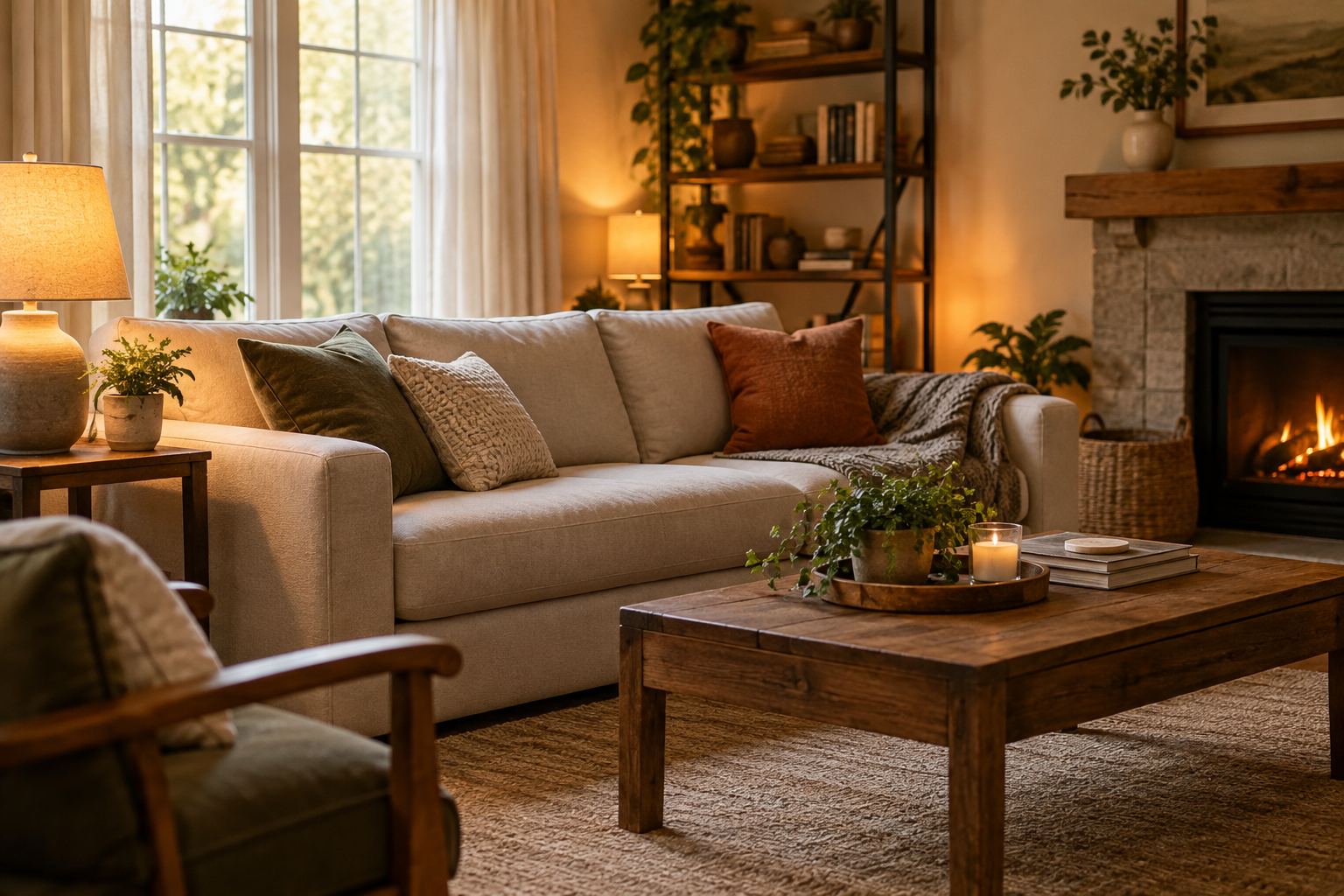 A cozy Northern Virginia living room, illustrative