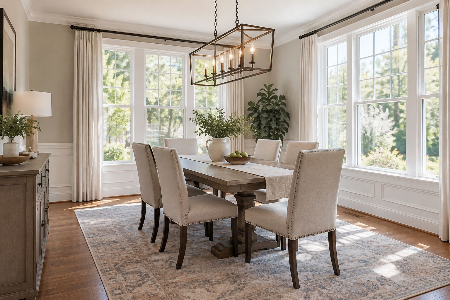 A bright dining room, illustrative